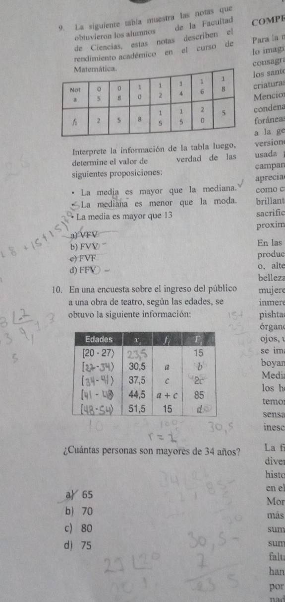 La siguiente tabla muestra las notas que
obtuvieron los alumnos de la Facultad COMPE
de Ciencias, estas notas describen el
rendimiento académico en el curso de Para la n
lo imagi
consagr
los sant
criaturas
Mencior
condena
foráneas
a la ge
Interprete la información de la tabla luego, version
determine el valor de verdad de las usada 
campan
siguientes proposiciones:
La media es mayor que la mediana. aprecia
como c
La mediana es menor que la moda. brillant
La media es mayor que 13 sacrific
9) VF proxim
b) FV) En las
c) FVF produc
. 
d) FF
o, alte
belleza
10. En una encuesta sobre el ingreso del público mujere
a una obra de teatro, según las edades, se inmer
obtuvo la siguiente información: pishta
órgan
ojos, ι
se im
boyar
Medi
los h
temo
sensa
inesc
¿Cuántas personas son mayores de 34 años? La f
diver
histo
en el
a 65 Mor
b) 70 más
c 80 sum
d 75 sum
falt
han
por
nad