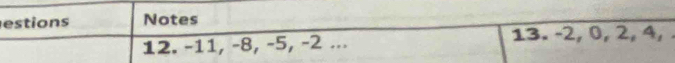 estions Notes 
12. -11, -8, -5, -2... 13. -2, 0, 2, 4,