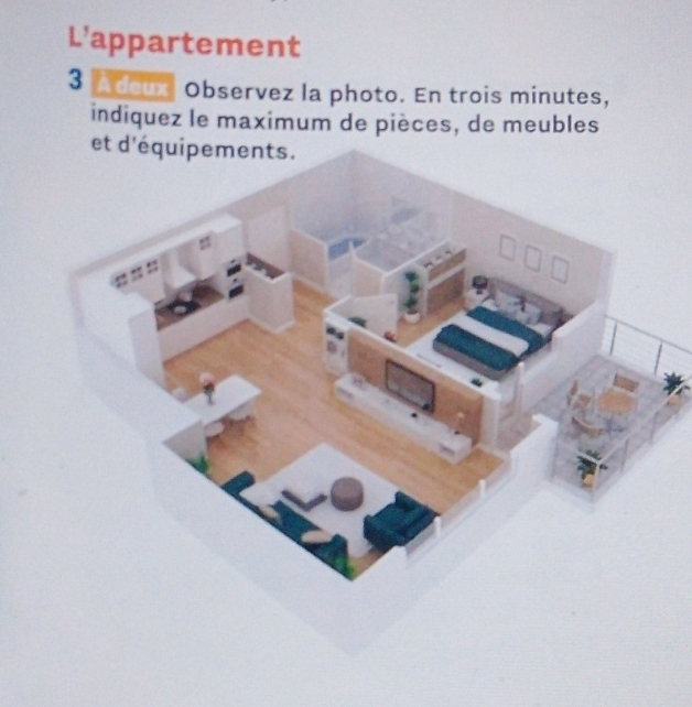 L’appartement 
3 A deux Observez la photo. En trois minutes, 
indiquez le maximum de pièces, de meubles