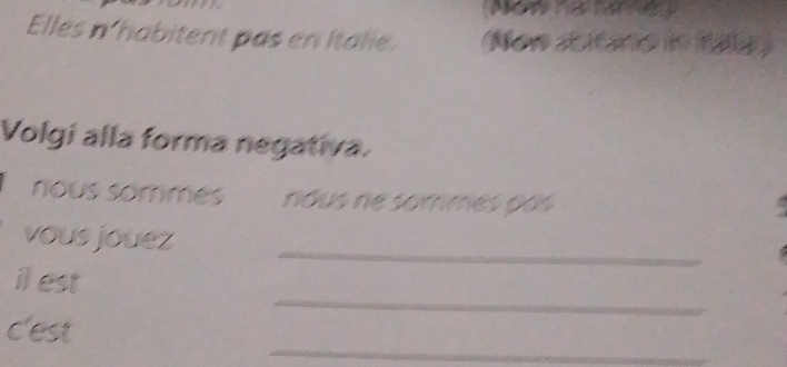 Elles n'habitent pas en Italie. (Now stitao in 1a12) 
Volgi alla forma negativa. 
nous sommes nous ne sommes pás 
_ 
vous jouez 
_ 
il est 
_ 
c'est