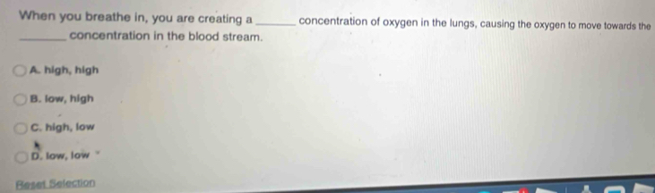 When you breathe in, you are creating a _concentration of oxygen in the lungs, causing the oxygen to move towards the
_concentration in the blood stream.
A. high, high
B. low, high
C. high, low
D. low, low"
Reset Selection