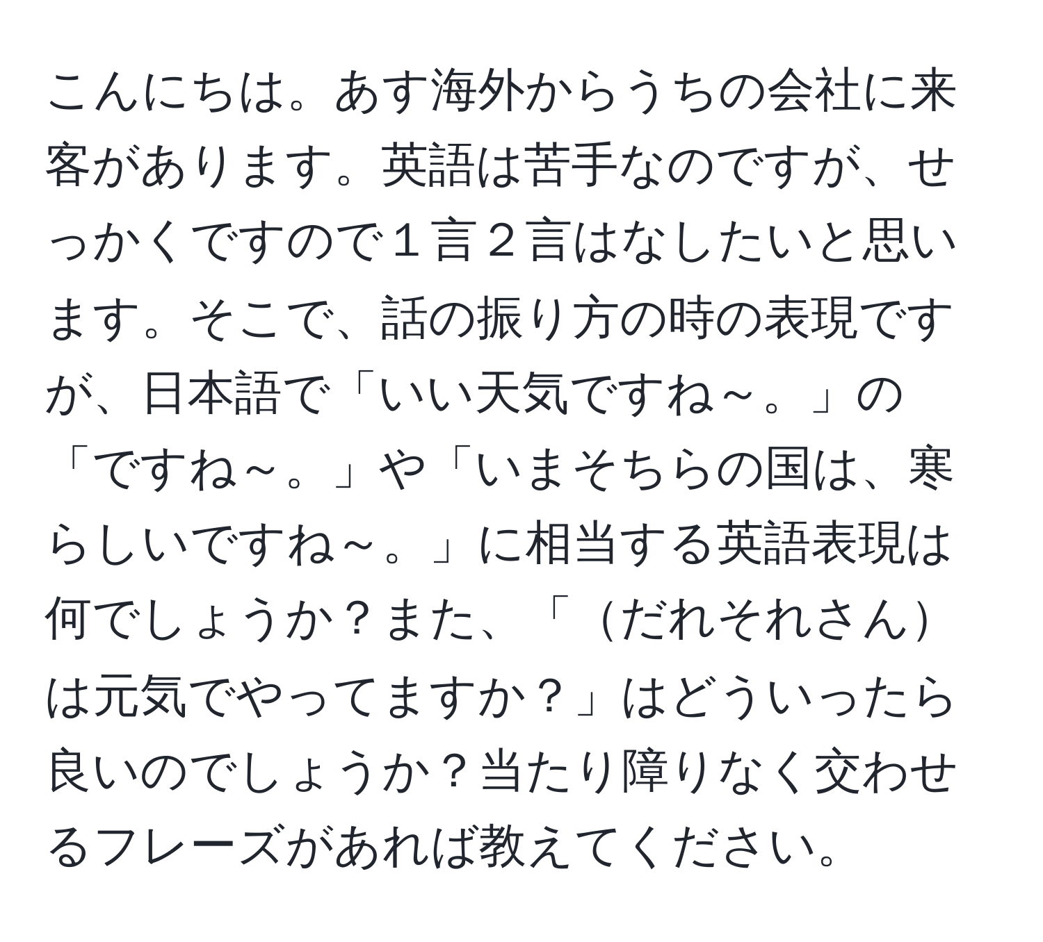 こんにちは。あす海外からうちの会社に来客があります。英語は苦手なのですが、せっかくですので１言２言はなしたいと思います。そこで、話の振り方の時の表現ですが、日本語で「いい天気ですね～。」の「ですね～。」や「いまそちらの国は、寒らしいですね～。」に相当する英語表現は何でしょうか？また、「だれそれさんは元気でやってますか？」はどういったら良いのでしょうか？当たり障りなく交わせるフレーズがあれば教えてください。