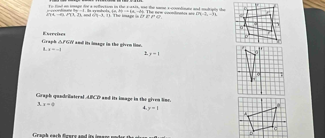 To find an image for a reflection in the x-axis, use the same x-coordinate and multiply the
y ~coordinate by -1. In symbols, (a,b)to (a,-b). The new coordinates are D'(-2,-3),
E(4,-4), F(3,2), and G'(-3,1). The image is D'EFG. 
Exercises 
Graph △ FGH and its image in the given line. 
1. x=-1
2. y=1
Graph quadrilateral ABCD and its image in the given line. 
3. x=0
4. y=1