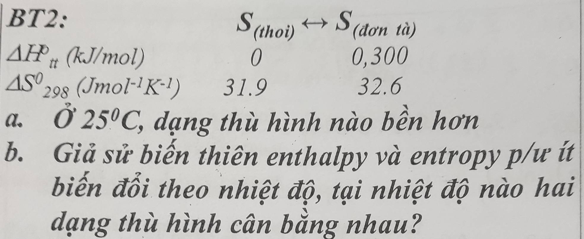 BT2:
S_(thoi)rightarrow S_(donta)
△ HP_it(kJ/mol) 0,300
0
△ S^0_298(Jmol^(-1)K^(-1)) 31.9 32.6
a. 02525°C, ', ạng thù hình nào bền hơn 
b. Giả sử biến thiên enthalpy và entropy p/ư ít 
biến đổi theo nhiệt độ, tại nhiệt độ nào hai 
dạng thù hình cân bằng nhau?