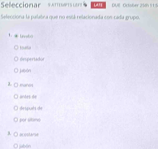 Seleccionar 9 ATTEMPTS LEFT LATE DUE October 25th 11:5
Selecciona la palabra que no está relacionada con cada grupo.
1. lavabo
toalla
despertador
jabôn
2. manos
antes de
después de
por último
3. acostarse
Jabón