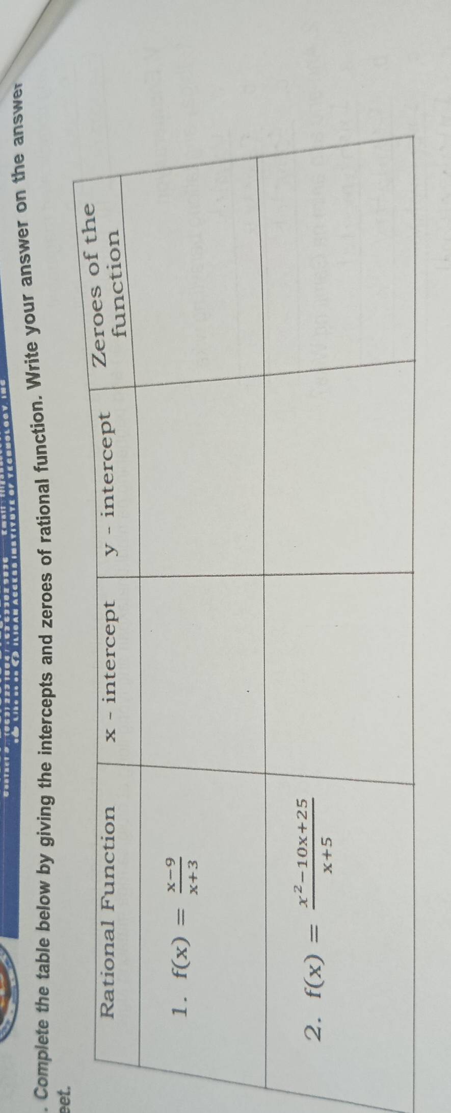 Complete the table below by giving the intercepts and zeroes of rational function. Write your answer on the answer
eet.