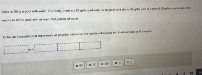 Anita is filling a pool with water. Currently, there are 80 gallons of water in the pool, and she is filling the pool at a rate of 15 gallons perminute. She 
wants to fill the pool with at least 250 gallons of water. 
Enter an inequality that represents all possible values for the number of minutes (m) that it will take to fill the pool. 
㵘B0 
: 15 # 250 : = 
10 N