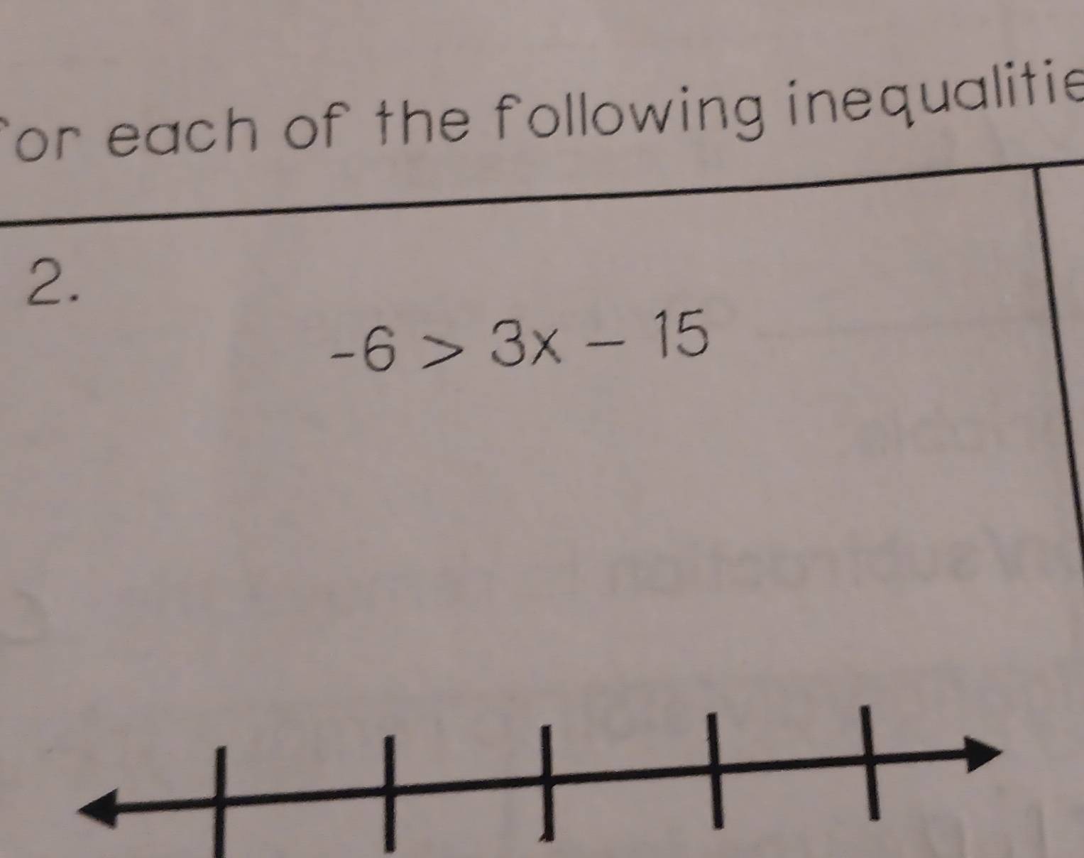 for each of the following inequalitie 
2.
-6>3x-15