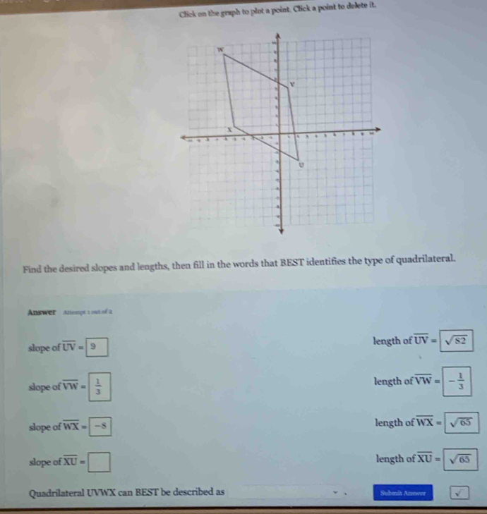 Click on the graph to plot a point. Click a point to delete it.
Find the desired slopes and lengths, then fill in the words that BEST identifies the type of quadrilateral.
Answer Alempt 1 out of 2
slope of overline UV=9 length of overline UV=sqrt(82)
slope of overline VW= 1/3  length of overline VW=□ - 1/3 
slope of overline WX=boxed -8 length of overline WX=sqrt(65)
slope of overline XU=□ length of overline XU=sqrt(65)
Quadrilateral UVWX can BEST be described as Submit Anower sqrt()