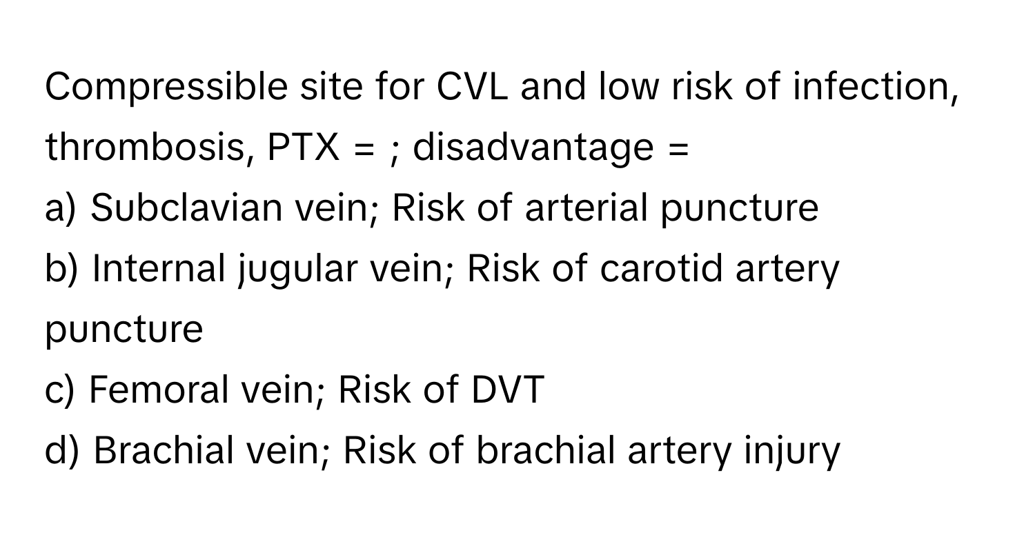 Compressible site for CVL and low risk of infection, thrombosis, PTX = ; disadvantage = 

a) Subclavian vein; Risk of arterial puncture 
b) Internal jugular vein; Risk of carotid artery puncture 
c) Femoral vein; Risk of DVT 
d) Brachial vein; Risk of brachial artery injury