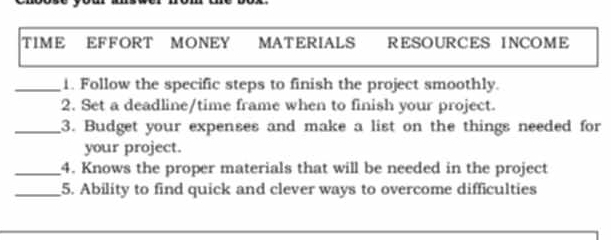 TIME EFFORT MONEY MATERIALS RESOURCES INCOME 
_1. Follow the specific steps to finish the project smoothly. 
2. Set a deadline/time frame when to finish your project. 
_3. Budget your expenses and make a list on the things needed for 
your project. 
_4. Knows the proper materials that will be needed in the project 
_5. Ability to find quick and clever ways to overcome difficulties