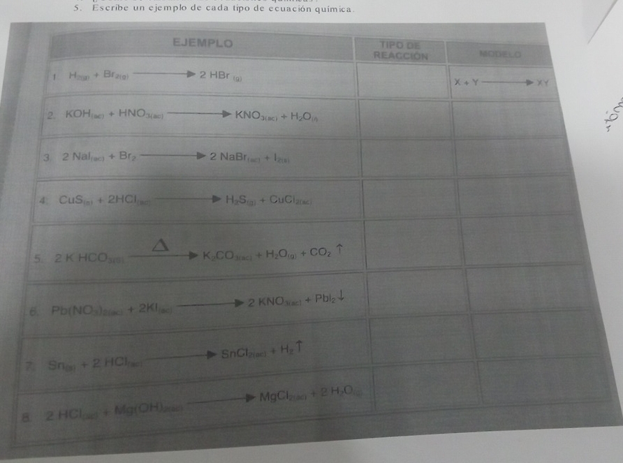 Escribe un ejemplo de cada tipo de ecuación química.
<