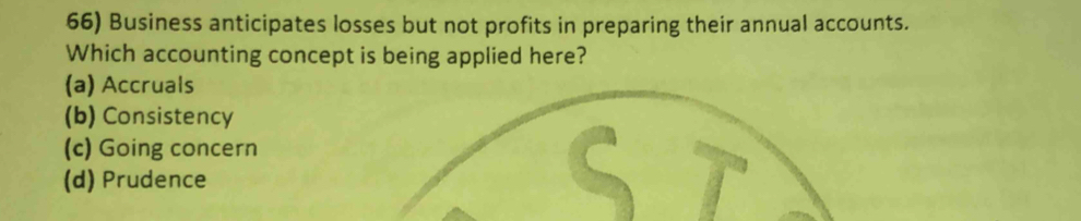 Business anticipates losses but not profits in preparing their annual accounts.
Which accounting concept is being applied here?
(a) Accruals
(b) Consistency
(c) Going concern
(d) Prudence