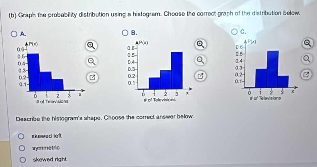 Graph the probability distribution using a histogram. Choose the correct graph of the distribution below.
A.
B.
C.
B
 
  
Describe the histogram's shape. Choose the correct answer below.
skewed left
symmetric
skewed right