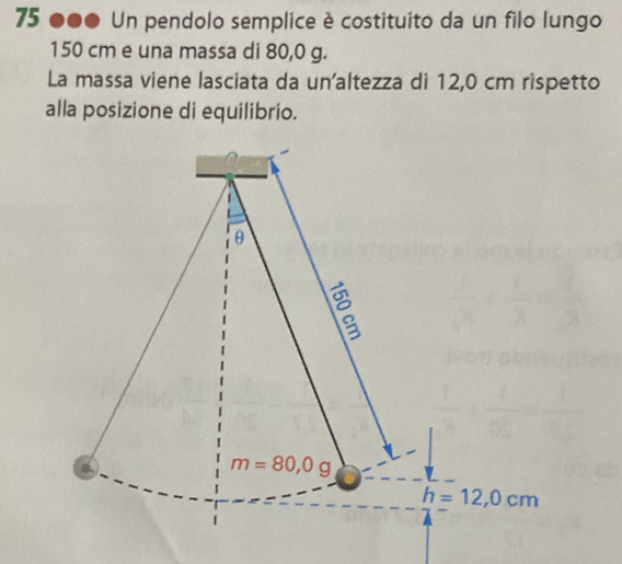 75 ●●● Un pendolo semplice è costituito da un filo lungo
150 cm e una massa di 80,0 g.
La massa viene lasciata da un'altezza di 12,0 cm rispetto
alla posizione di equilibrio.