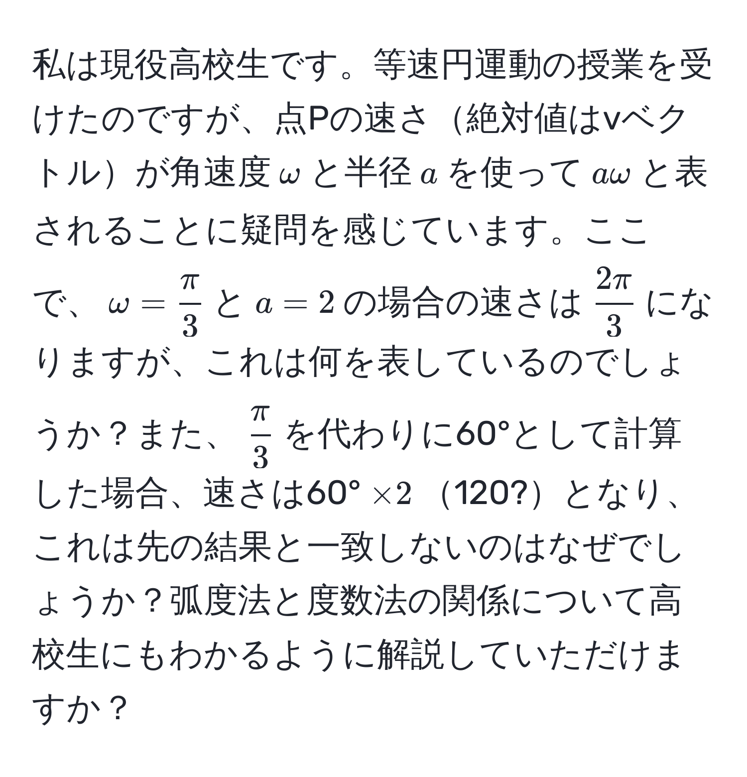 私は現役高校生です。等速円運動の授業を受けたのですが、点Pの速さ絶対値はvベクトルが角速度$omega$と半径$a$を使って$aomega$と表されることに疑問を感じています。ここで、$omega =  π/3 $と$a = 2$の場合の速さは$ 2π/3 $になりますが、これは何を表しているのでしょうか？また、$ π/3 $を代わりに60°として計算した場合、速さは60°$* 2$120?となり、これは先の結果と一致しないのはなぜでしょうか？弧度法と度数法の関係について高校生にもわかるように解説していただけますか？