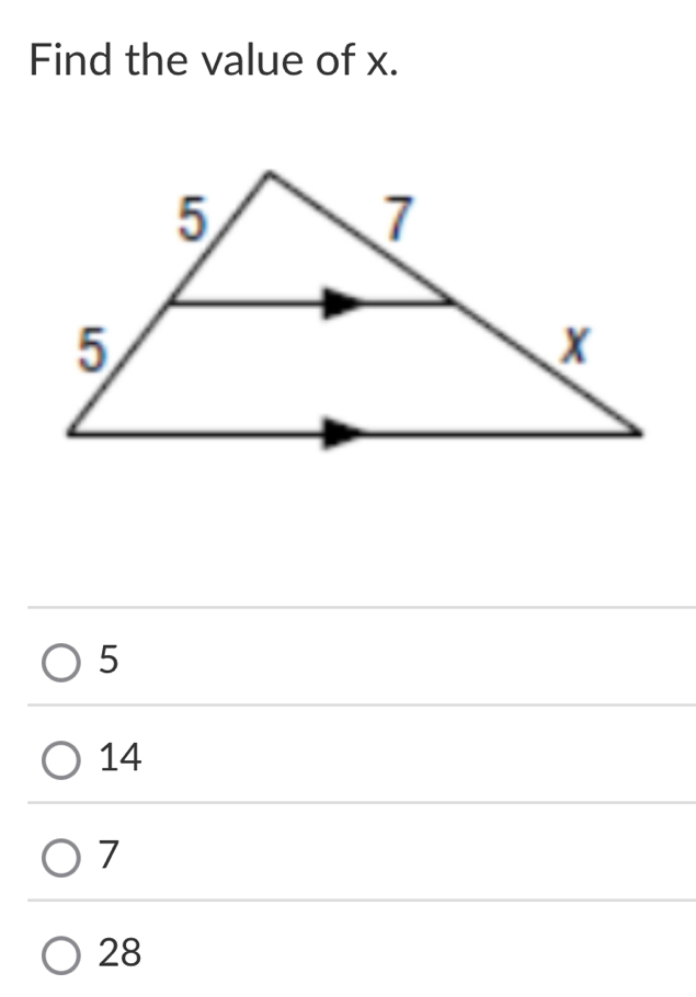 Find the value of x.
5
14
7
28