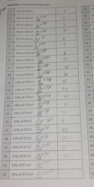 Directions: Find each missing value.
23. 10
24 20 
2
325. 3 (
26. 5
4
527. 2
628. 7
29. 
7
830.
931.
132.
133.
1234.
1335,
1436.
1537. 
16. 38.
17.39.
18.40
19.41
20.42
21. 43
22. 4