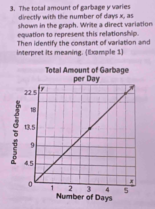 The total amount of garbage y varies 
directly with the number of days x, as 
shown in the graph. Write a direct variation 
equation to represent this relationship. 
Then identify the constant of variation and 
interpret its meaning. (Example 1) 
r of Days