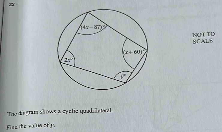 22-
NOT TO
SCALE
The diagram shows a cyclic quadrilateral.
Find the value of y.