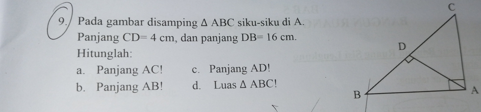 9./ Pada gambar disamping △ ABC siku-siku di A.
Panjang CD=4cm , dan panjang DB=16cm. 
Hitunglah:
a. Panjang AC! c. Panjang AD!
b. Panjang AB! d. Luas △ ABC