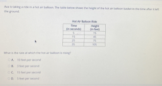 the ground. Ava is taking a ride in a hot air balloon. The table below shows the height of the hot air batoon basket in the time after it left
What is the rate at which the hot air balloom is ring?
A. 10 feet per second
B. 3 feet per serond
C. 1 5 feet per second
D. S feet per second