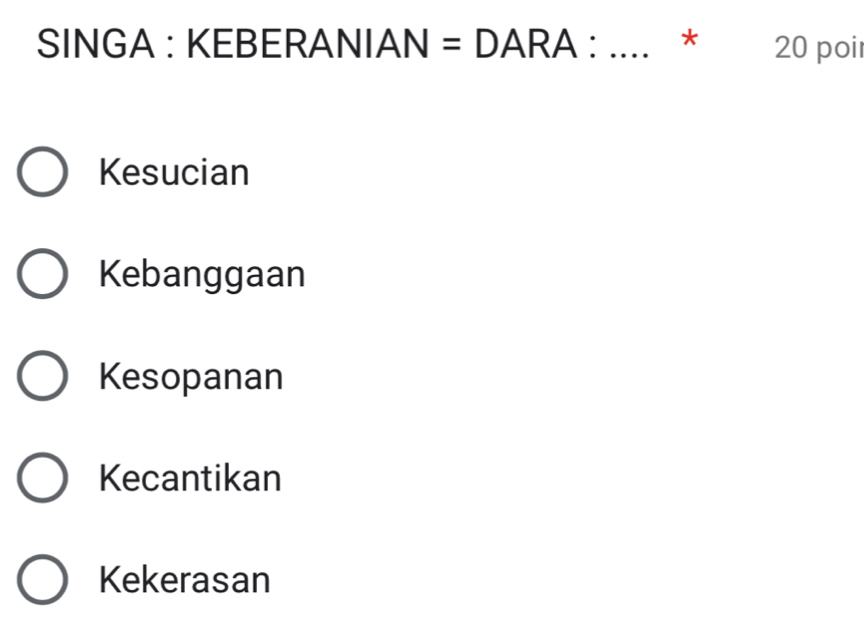 SINGA : KEBERANIAN = DARA : * 20 poi
Kesucian
Kebanggaan
Kesopanan
Kecantikan
Kekerasan