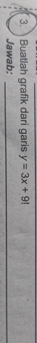 Buatlah grafik dari garis y=3x+9!
Jawab:_