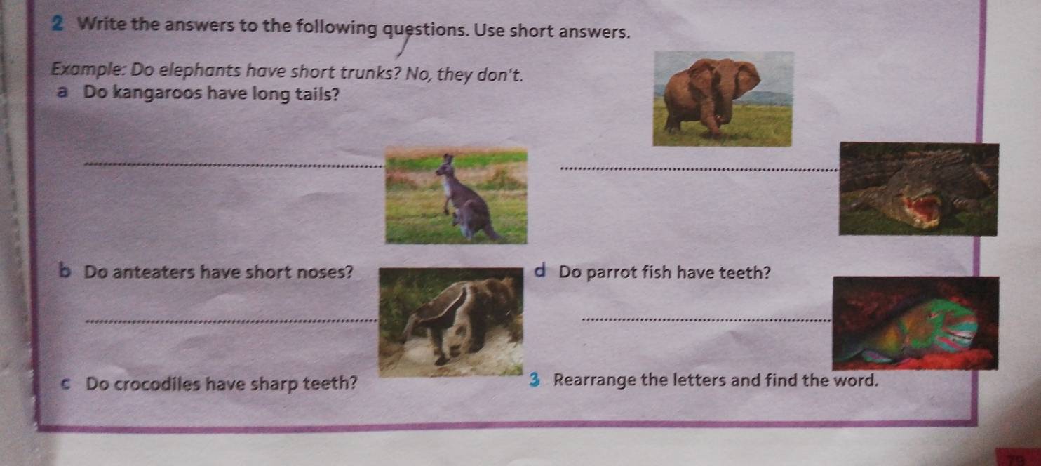 Write the answers to the following questions. Use short answers. 
Example: Do elephants have short trunks? No, they don't. 
a Do kangaroos have long tails? 
_ 
_ 
b Do anteaters have short noses? Do parrot fish have teeth? 
_ 
c Do crocodiles have sharp teeth? Rearrange the letters and find the word. 
70