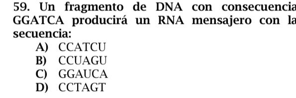 Un fragmento de DNA con consecuencia
GGATCA producirá un RNA mensajero con la
secuencia:
A) CCATCU
B) CCUAGU
C) GGAUCA
D) CCTAGT