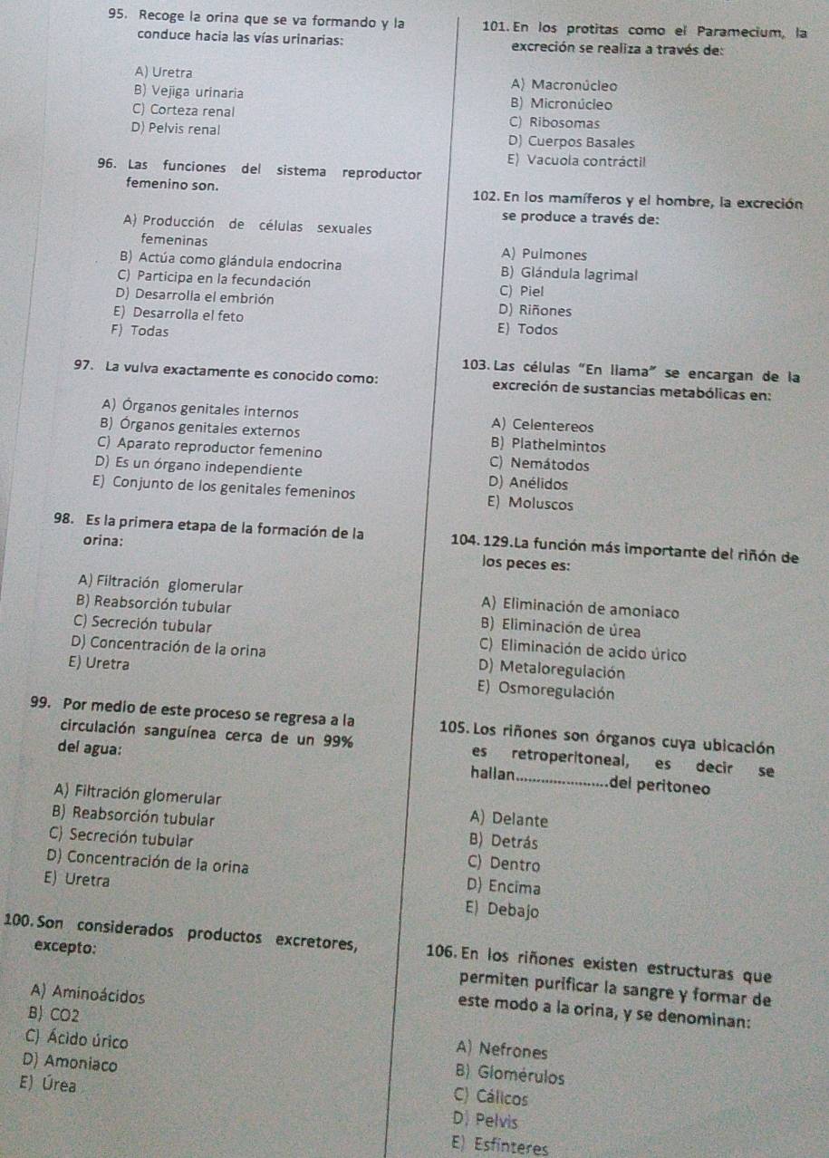 Recoge la orina que se va formando y la 101. En los protitas como el Paramecium, la
conduce hacia las vías urinarias: excreción se realiza a través de:
A) Uretra A) Macronúcleo
B) Vejiga urinaria B) Micronúcleo
C) Corteza renal C) Ribosomas
D) Pelvis renal D) Cuerpos Basales
E) Vacuola contráctil
96. Las funciones del sistema reproductor
femenino son. 102. En los mamíferos y el hombre, la excreción
se produce a través de:
A) Producción de células sexuales
femeninas A) Pulmones
B) Actúa como glándula endocrina B) Glándula lagrimal
C) Participa en la fecundación C) Piel
D) Desarrolla el embrión D) Riñones
E) Desarrolla el feto E) Todos
F) Todas
103. Las células "En llama" se encargan de la
97. La vulva exactamente es conocido como: excreción de sustancias metabólicas en:
A) Órganos genitales internos A) Celentereos
B) Órganos genitales externos B) Plathelmintos
C) Aparato reproductor femenino C) Nemátodos
D) Es un órgano independiente D) Anélidos
E) Conjunto de los genitales femeninos E) Moluscos
98. Es la primera etapa de la formación de la  104. 129.La función más importante del riñón de
orina:
los peces es:
A) Filtración glomerular A) Eliminación de amoniaco
B) Reabsorción tubular B) Eliminación de úrea
C) Secreción tubular C) Eliminación de acido úrico
D) Concentración de la orina D) Metaloregulación
E) Uretra
E) Osmoregulación
99. Por medio de este proceso se regresa a la  105. Los riñones son órganos cuya ubicación
circulación sanguínea cerca de un 99% es retroperitoneal, es decir se
del agua:
hallan_ del peritoneo
A) Filtración glomerular
B) Reabsorción tubular A) Delante
C) Secreción tubular B) Detrás
C) Dentro
D) Concentración de la orina D) Encima
E) Uretra E) Debajo
100. Son considerados productos excretores, 106. En los riñones existen estructuras que
excepto: permiten purificar la sangre y formar de
A) Aminoácidos
este modo a la orina, y se denominan:
B) CO2 A) Nefrones
C) Ácido úrico B) Glomérulos
D) Amoniaco C) Cálicos
E) Úrea
DPelvis
E) Esfinteres