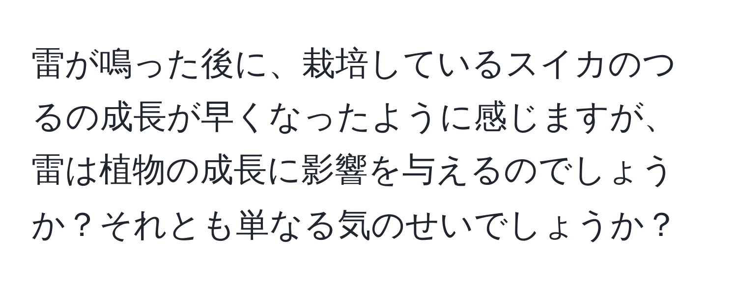 雷が鳴った後に、栽培しているスイカのつるの成長が早くなったように感じますが、雷は植物の成長に影響を与えるのでしょうか？それとも単なる気のせいでしょうか？