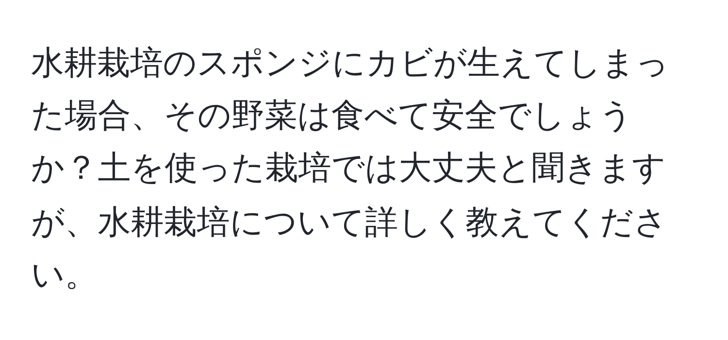 水耕栽培のスポンジにカビが生えてしまった場合、その野菜は食べて安全でしょうか？土を使った栽培では大丈夫と聞きますが、水耕栽培について詳しく教えてください。