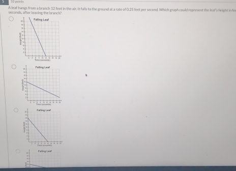 paints 
seconds, after leaving the branch? A leaf hangs from a branch 12 feet in the air. It falls to the ground at a rate of 0.25 feet per second. Which graph could represent the leaf's height in fe