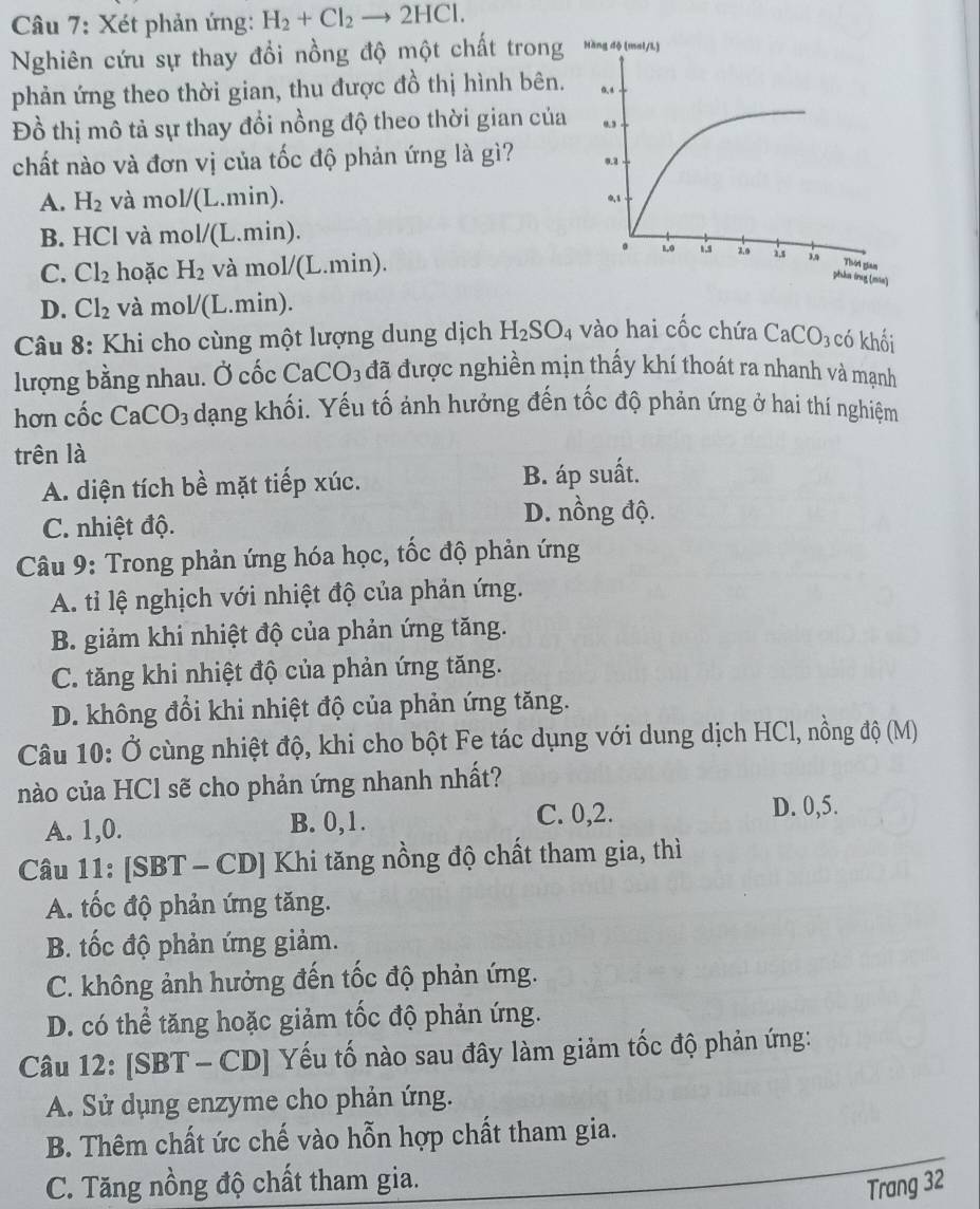 Câầu 7: Xét phản ứng: H_2+Cl_2to 2HCl.
Nghiên cứu sự thay đổi nồng độ một chất trong
phản ứng theo thời gian, thu được đồ thị hình bên.
Đồ thị mô tả sự thay đổi nồng độ theo thời gian của
chất nào và đơn vị của tốc độ phản ứng là gì?
A. H_2 và mol/(L.min).
B. HCl và mol/(L.min).
C. Cl_2 hoặc H_2 và mol/(L.min).
D. Cl_2 và mol/(L.min).
Câu 8: Khi cho cùng một lượng dung dịch H_2SO_4 vào hai cốc chứa CaCO_3 cdot 0 khối
lượng bằng nhau. Ở cốc CaCO_3 đã được nghiền mịn thấy khí thoát ra nhanh và mạnh
hơn cốc CaCO_3 5 dạng khối. Yếu tố ảnh hưởng đến tốc độ phản ứng ở hai thí nghiệm
trên là
A. diện tích bề mặt tiếp xúc. B. áp suất.
C. nhiệt độ.
D. nồng độ.
Câu 9: Trong phản ứng hóa học, tốc độ phản ứng
A. tỉ lệ nghịch với nhiệt độ của phản ứng.
B. giảm khi nhiệt độ của phản ứng tăng.
C. tăng khi nhiệt độ của phản ứng tăng.
D. không đổi khi nhiệt độ của phản ứng tăng.
Câu 10: Ở cùng nhiệt độ, khi cho bột Fe tác dụng với dung dịch HCl, nồng độ (M)
nào của HCl sẽ cho phản ứng nhanh nhất?
A. 1,0. B. 0,1. C. 0,2.
D. 0,5.
Câu 11: [SBT - CD] Khi tăng nồng độ chất tham gia, thì
A. tốc độ phản ứng tăng.
B. tốc độ phản ứng giảm.
C. không ảnh hưởng đến tốc độ phản ứng.
D. có thể tăng hoặc giảm tốc độ phản ứng.
Câu 12: [SBT - CD] Yếu tố nào sau đây làm giảm tốc độ phản ứng:
A. Sử dụng enzyme cho phản ứng.
B. Thêm chất ức chế vào hỗn hợp chất tham gia.
C. Tăng nồng độ chất tham gia.
Trang 32