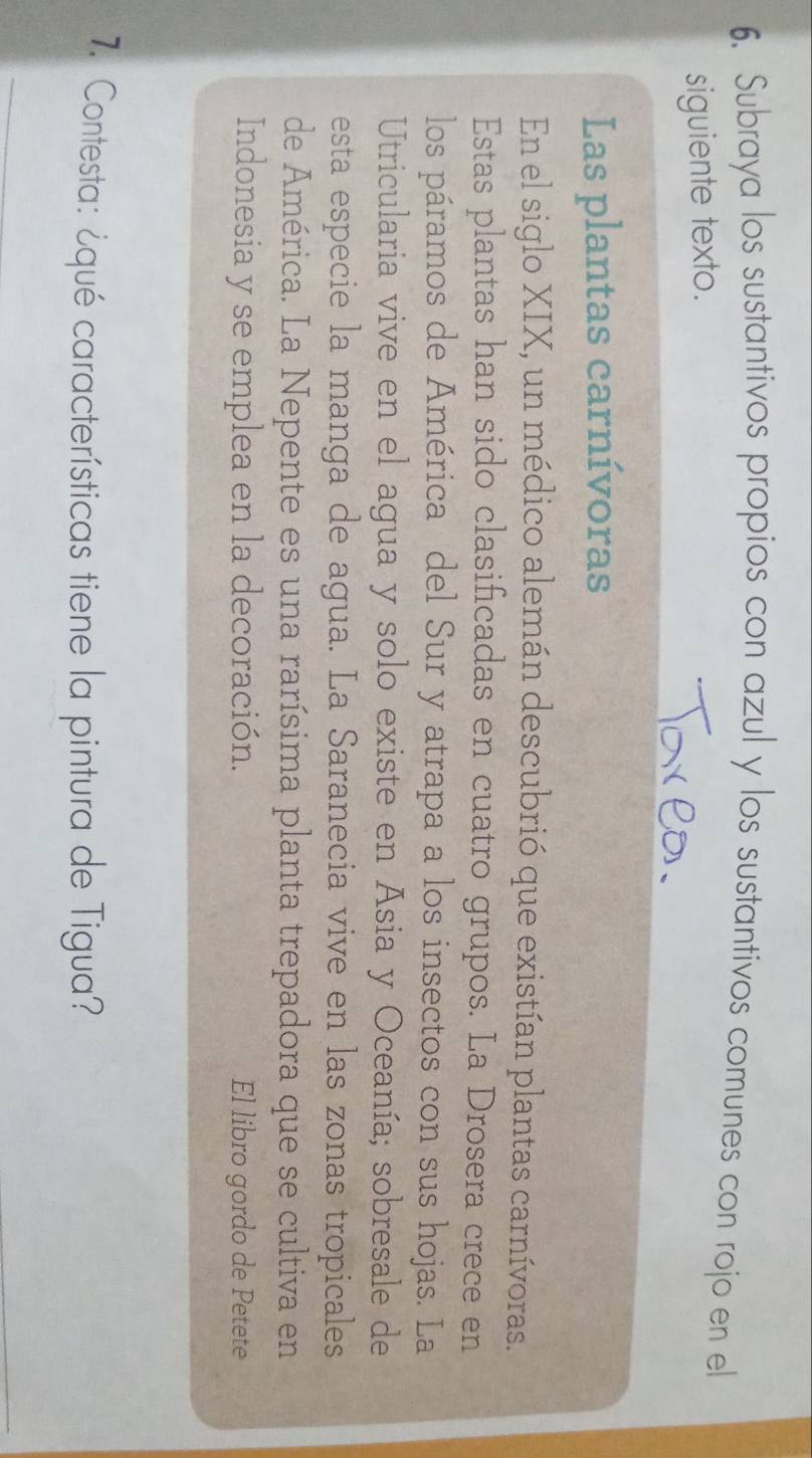 Subraya los sustantivos propios con azul y los sustantivos comunes con rojo en el 
siguiente texto. 
Las plantas carnívoras 
En el siglo XIX, un médico alemán descubrió que existían plantas carnívoras. 
Estas plantas han sido clasificadas en cuatro grupos. La Drosera crece en 
los páramos de América del Sur y atrapa a los insectos con sus hojas. La 
Utricularia vive en el agua y solo existe en Asia y Oceanía; sobresale de 
esta especie la manga de agua. La Saranecia vive en las zonas tropicales 
de América. La Nepente es una rarísima planta trepadora que se cultiva en 
Indonesia y se emplea en la decoración. El libro gordo de Petete 
7. Contesta: ¿qué características tiene la pintura de Tigua?