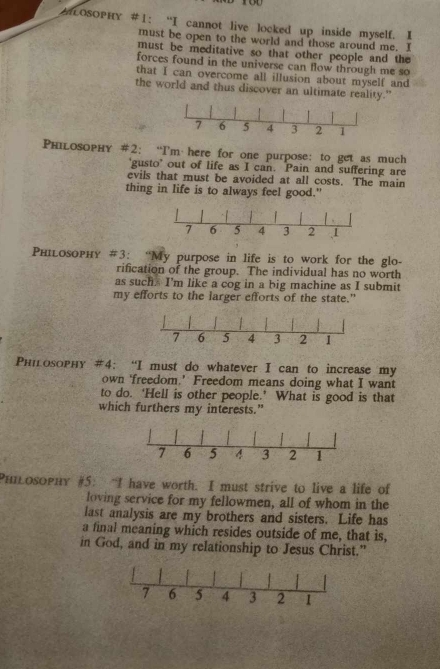 MLOSOPHY #1: “I cannot live locked up inside myself.  1/1 
must be open to the world and those around me. 
must be meditative so that other people and the 
forces found in the universe can flow through me so 
that I can overcome all illusion about myself and 
the world and thus discover an ultimate reality.”
7 6 5 4 3 2 1
Philosophy #2： “I’m here for one purpose: to get as much 
'gusto' out of life as I can. Pain and suffering are 
evils that must be avoided at all costs. The main 
thing in life is to always feel good."
7 6 5 4 3 2 1
Philosophy #3： “My purpose in life is to work for the glo- 
rification of the group. The individual has no worth 
as such. I'm like a cog in a big machine as I submit 
my efforts to the larger efforts of the state.”
7 6 5 4 3 2 1
Philosоpнy #4： “I must do whatever I can to increase my 
own 'freedom.' Freedom means doing what I want 
to do. 'Hell is other people.' What is good is that 
which furthers my interests.” 
Philоsоphy #5: “I have worth. I must strive to live a life of 
loving service for my fellowmen, all of whom in the 
last analysis are my brothers and sisters. Life has 
a final meaning which resides outside of me, that is, 
in God, and in my relationship to Jesus Christ.”
7 6 5 4 3 2 1