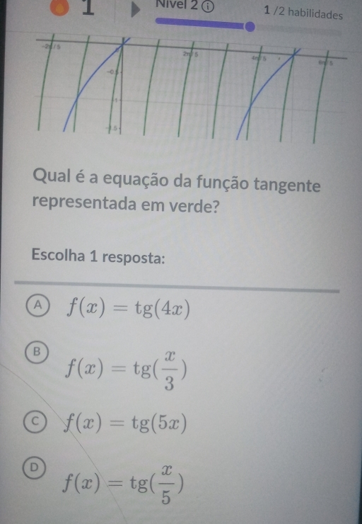 Nivel 2 ① 1 /2 habilidades
Qual é a equação da função tangente
representada em verde?
Escolha 1 resposta:
A f(x)=tg(4x)
B f(x)=tg( x/3 )
f(x)=tg(5x)
f(x)=tg( x/5 )