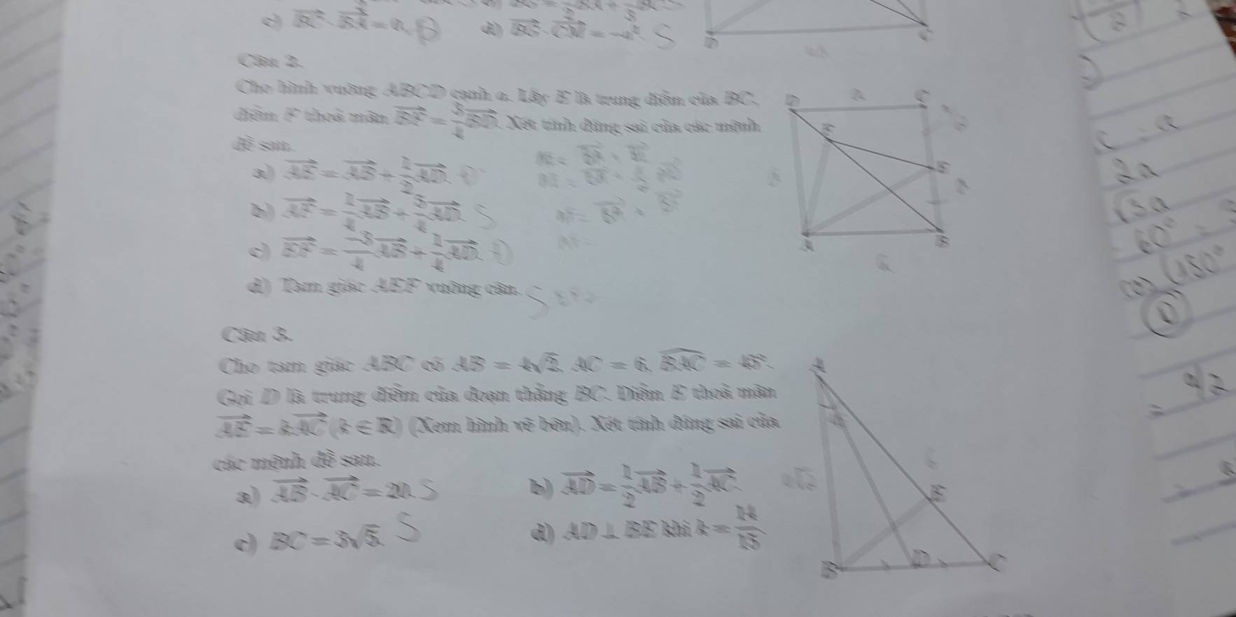 R=frac 2X+frac 3X
c) vector BC· vector BA=0, d) vector BS· vector CM=-4^2
Câu 2.
Cho hình vuớng ABCD cạnh 0. Lây E là trung điểm của BC,
điệm F thoả mân vector BF= 3/4 vector BD Xét tính đứng sai của các mệnh
đề sai.
a) vector AE=vector AB+ 1/2 vector AD
b) vector AF= 1/4 vector AB+ 5/4 vector AD
c) vector EF= (-3)/4 vector AB+ 1/4 vector AD
d) Tam giác AEF vuông cân.
Câu 3.
Cho tam giác ABC có AB=4sqrt(2), AC=6, widehat BAC=45°. 
Gọi D là trung điểm của đoạn thắng BC. Diểm E thoả mãn
vector AE=kvector AC(k∈ R) (Xem hình vẽ bên). Xét tính đúng sai của
các mệnh đề sau.
a) vector AB· vector AC=20 b) vector AD= 1/2 vector AB+ 1/2 vector AC
c) BC=3sqrt(5).
d) AD⊥ BEkl 1/2 k= 14/15 