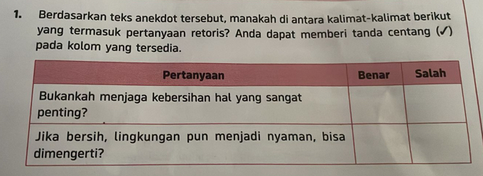 Berdasarkan teks anekdot tersebut, manakah di antara kalimat-kalimat berikut 
yang termasuk pertanyaan retoris? Anda dapat memberi tanda centang (√) 
pada kolom yang tersedia.