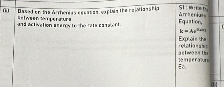 (ii) Based on the Arrhenius equation, explain the relationship S1 : Write th 
Arrheniues 
between temperature Equation, 
and activation energy to the rate constant.
k=Ae^(-Ex/RT)
Explain the 
relationship 
between the 
temperature 
Ea. 
(b)