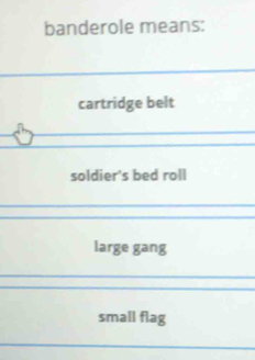 banderole means:
cartridge belt
soldier's bed roll
large gang
small flag