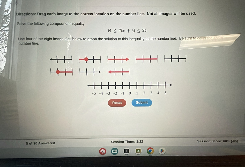 Directions: Drag each image to the correct location on the number line. Not all images will be used. 
Solve the following compound inequality.
14≤ 7(x+4)≤ 35
Use four of the eight image tiles below to graph the solution to this inequality on the number line. Be sure to cover the entire 
number line. 
Reset Submit 
5 of 20 Answered Session Timer: 3:22 Session Score: 80% (4/5)