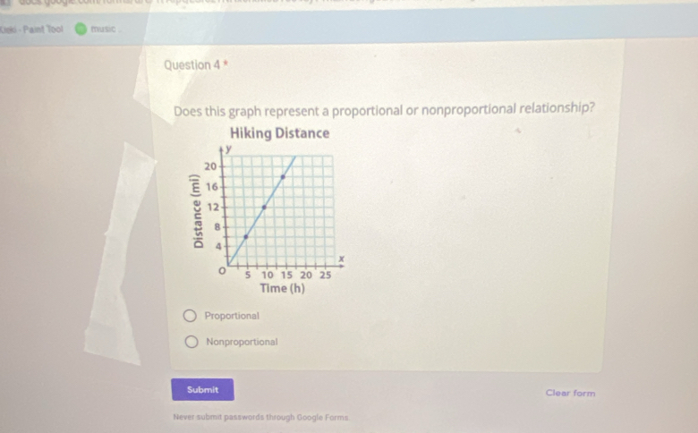 Cieki - Paint Tool music .
Question 4 *
Does this graph represent a proportional or nonproportional relationship?
Hiking Distance
:
Time (h)
Proportional
Nonproportional
Submit Clear form
Never submit passwords through Google Forms.