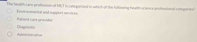 The health care profession of MLT is categorized in which of the following health science professional categories?
Environmental and support services
Patient care provider
Diagnostic
Administrative