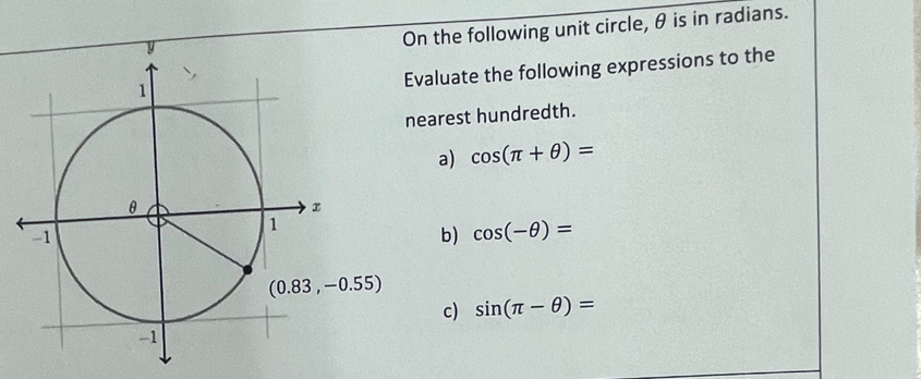 On the following unit circle, θ is in radians.
Evaluate the following expressions to the
nearest hundredth.
a) cos (π +θ )=
b) cos (-θ )=
c) sin (π -θ )=