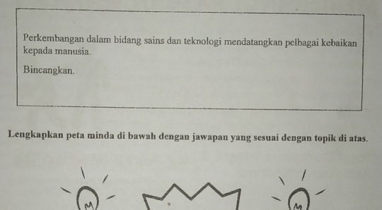 Perkembangan dalam bidang sains dan teknologi mendatangkan pelbagai kebaikan 
kepada manusia. 
Bincangkan. 
Lengkapkan peta minda di bawah dengan jawapan yang sesuai dengan topik di atas.