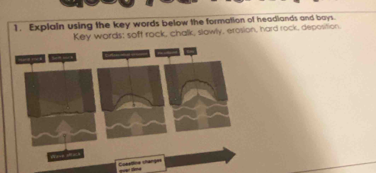 Explain using the key words below the formation of headlands and bays. 
Key words: soft rock, chalk, slowly, erosion, hard rock, deposition. 
Coastlin 
over time