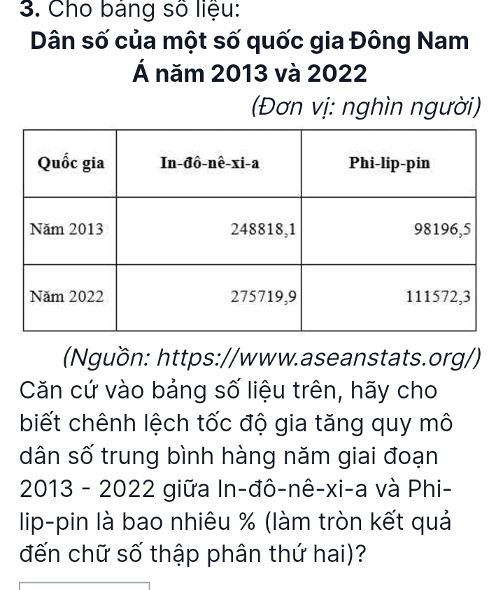 Cho bảng số liệu: 
Dân số của một số quốc gia Đông Nam 
Á năm 2013 và 2022
(Đơn vị: nghìn người) 
(Nguồn: https://www.aseanstats.org/) 
Căn cứ vào bảng số liệu trên, hãy cho 
biết chênh lệch tốc độ gia tăng quy mô 
dân số trung bình hàng năm giai đoạn 
2013 - 2022 giữa In-đô-nê-xi-a và Phi- 
lip-pin là bao nhiêu % (làm tròn kết quả 
đến chữ số thập phân thứ hai)?