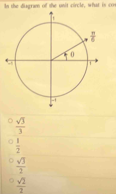 In the diagram of the unit circle, what is cos
 sqrt(3)/3 
 1/2 
 sqrt(3)/2 
 sqrt(2)/2 